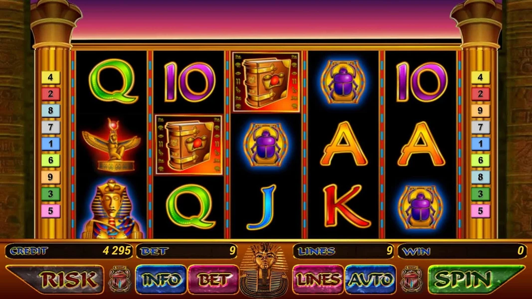 Book of Ra spēles ekrāns — ruļļi un laimestu līnijas